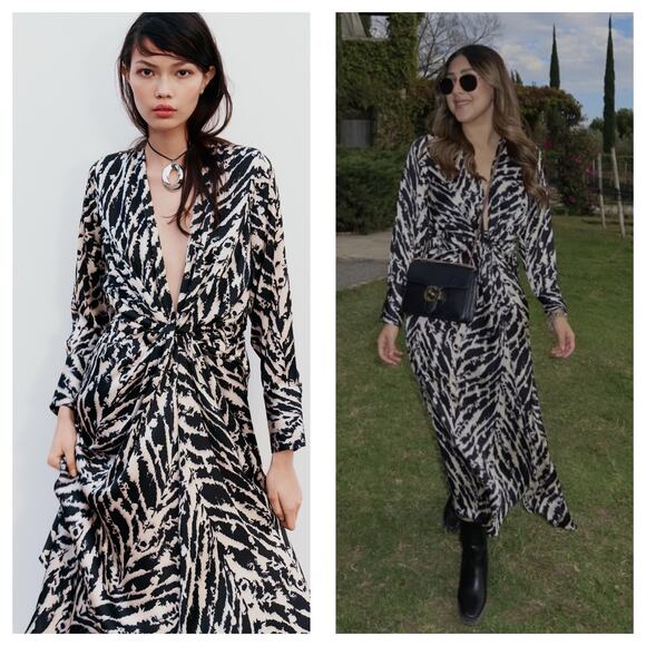 Zara Woman Satin Effect Animal Print Midi Dress Small Long Sleeve 9878/081 - Picture 8 of 13